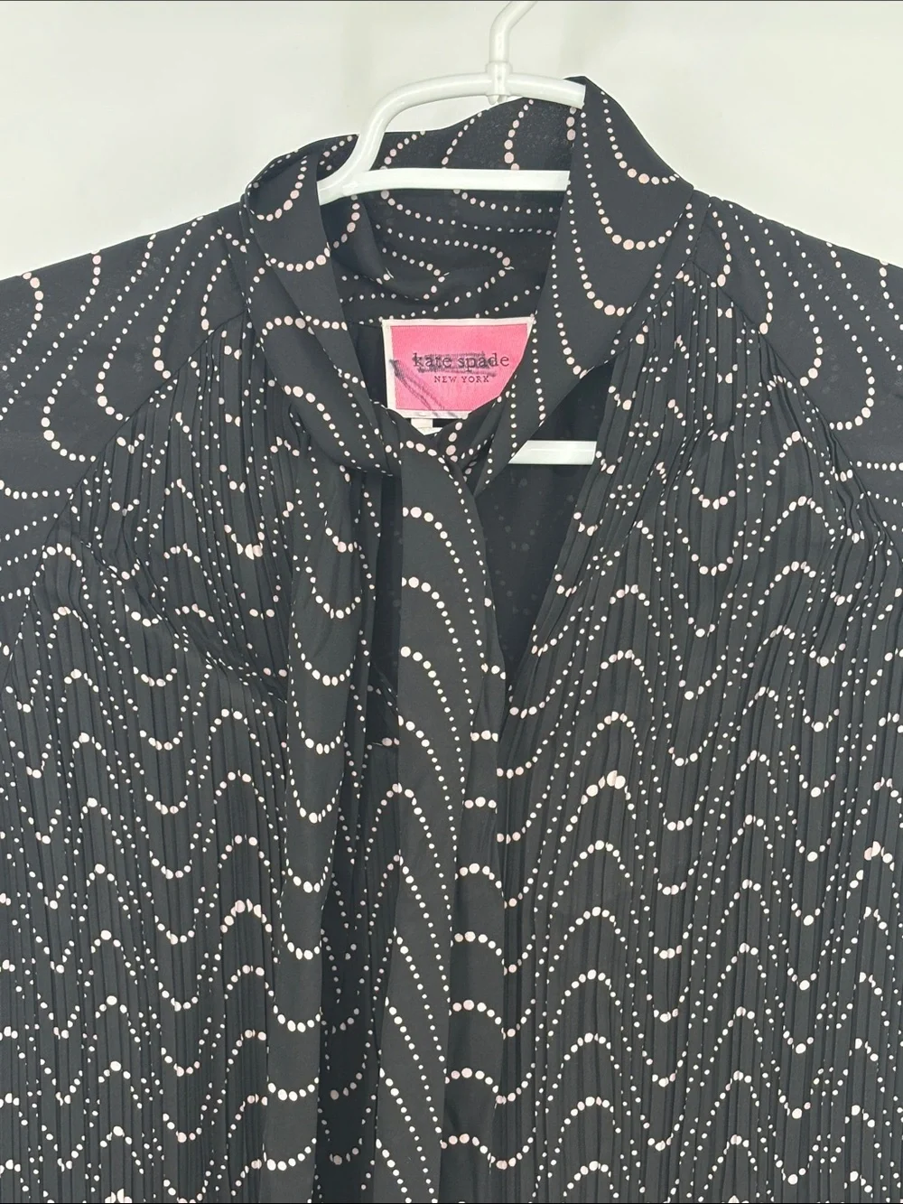 KATE SPADE Black Wavy Dot Pleated Chiffon Necktie long sleeve  lined dress NWT